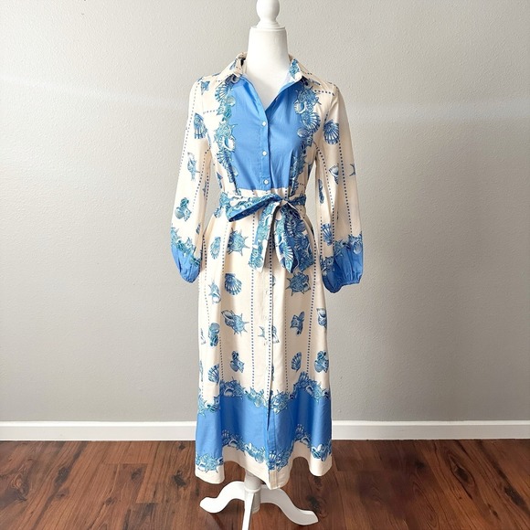 CELINA MOON Dresses & Skirts - Celina Moon X Anthro Shell Print Tie Waist Midi Shirt Dress Women's Size Medium